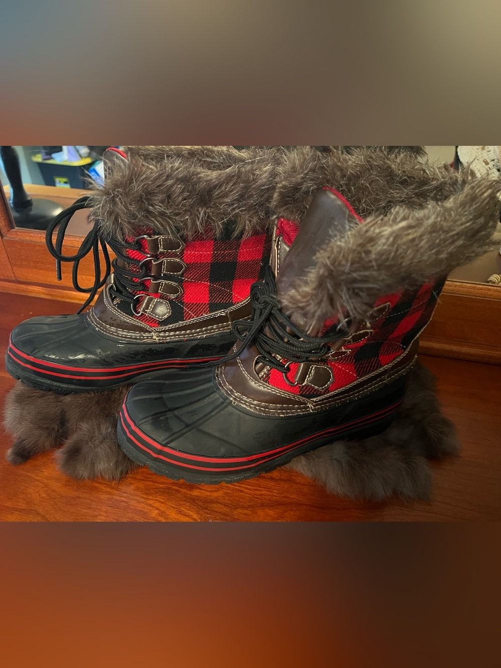 Falls Creek Women’s Red Buffalo Plaid Winter Lace-Up Boots